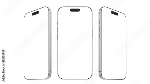 Silver set iPhone 17 Pro Max with transparent screen and background. Vertical mockup for web design, app, and presentation.
