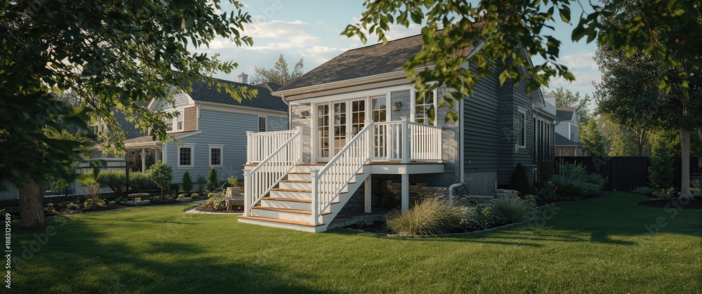 Fototapeta premium Appealing house facade featuring a walkout deck, white railings, and stairs for added charm