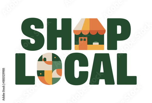 A colorful graphic illustration promoting local shopping with a shop logo