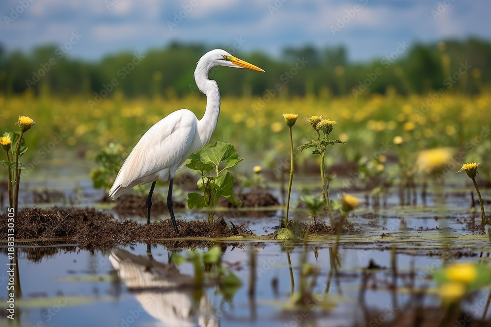 Obraz premium White egret wading through shallow water with yellow flowers and green plants under blue sky