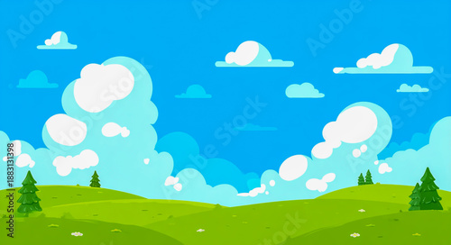 Cartoon green landscape with blue sky and white clouds, in the style of a cartoon style, vector illustration, simple design, cute background for children's book cover.
