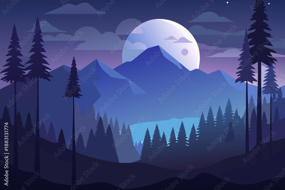 Fototapeta premium Minimal Night Forest with Tall Simplified Trees and a Large Moon mountains 5