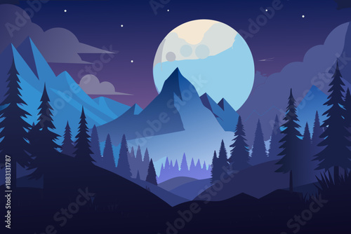 Minimal Night Forest with Tall Simplified Trees and a Large Moon mountains