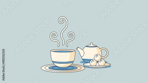 Minimalist Tea Time: A Calming Still Life Illustration With Beverages And Snacks