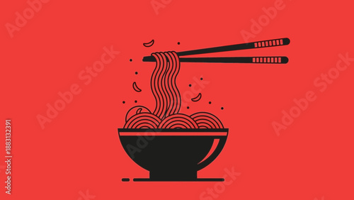 Minimalist Noodle Illustration With Chopsticks On Red Background Simple Delicious Food Design