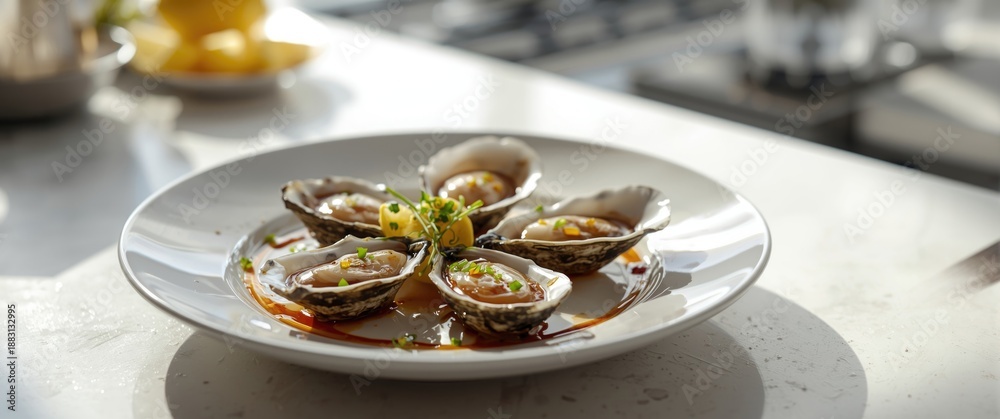 Fototapeta premium Oyster Soy steamed oysters garnished with spring onion, ginger, and soy sauce - 6 pieces