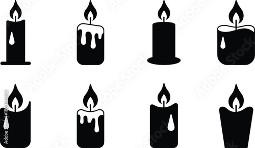 Black candle silhouette icon set with melting wax, glowing flames, and decorative shapes for romance, Valentine’s Day, wedding, and anniversary designs
