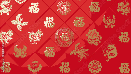 Chinese New Year Symbols on Red Background