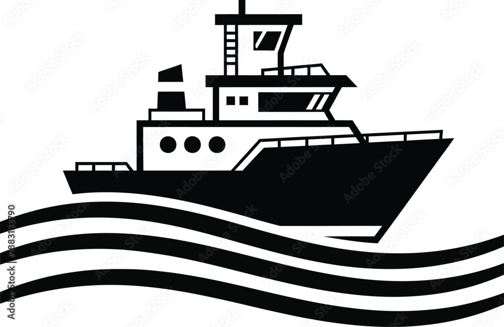 Fototapeta premium A bold black and white graphic illustration of a workboat or tugboat sailing on stylized ocean waves.