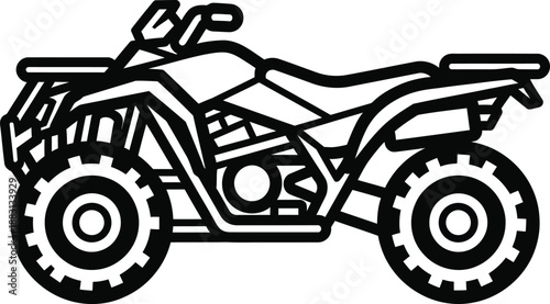 A bold black and white line art illustration of a modern ATV quad bike in a side profile view.
