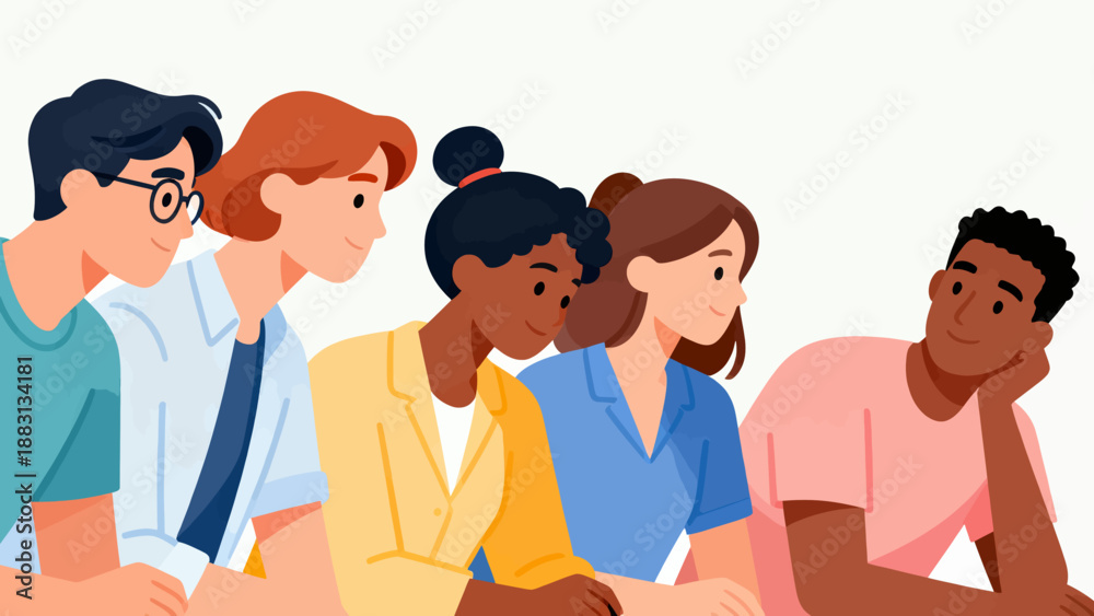 Obraz premium A group of people are sitting together, one of them is wearing glasses. The group is diverse, with people of different races and genders. Scene is friendly and welcoming
