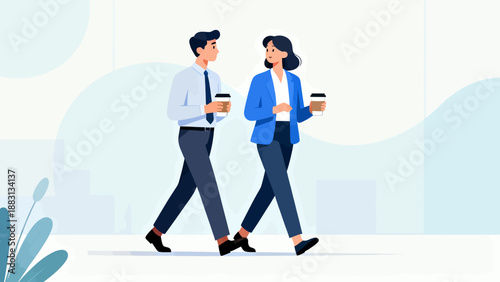 A man and a woman are walking down a street, both holding coffee cups. The man is wearing a tie and the woman is wearing a blue jacket. The scene is set in a city, with buildings in the background