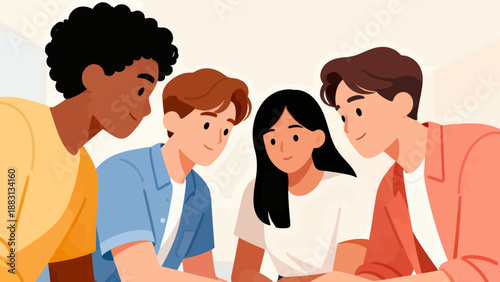 A group of people are sitting around a table, smiling and looking at each other. Scene is friendly and welcoming