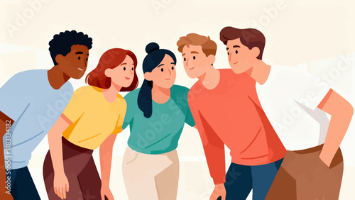 A group of people are standing together and smiling. The people are of different races and genders. Scene is happy and friendly