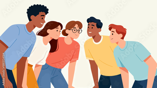 A group of people are standing in a circle, with one person wearing glasses. The group appears to be friends or family members, and they are all smiling and looking at each other