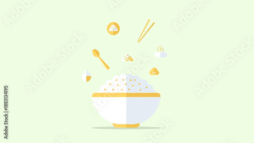 Minimalistic Illustration Of Rice Bowl with Utensils and Additional Food Items