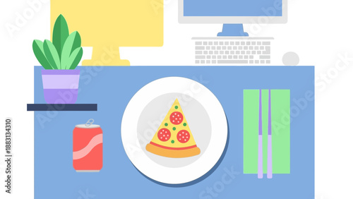 Minimalistic Illustration Of Workstation And Food During A Work Break Period