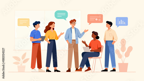 A group of people are sitting around a table and talking. They are all wearing business attire. There is a laptop on the table