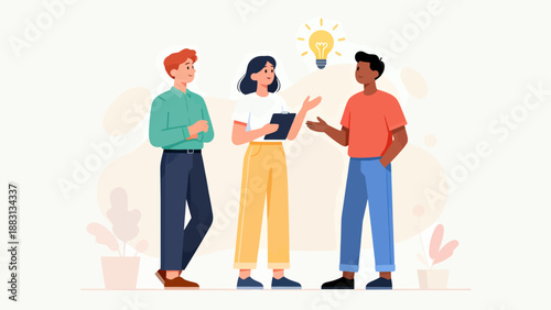 Three people are standing together, one of them holding a tablet. They are discussing something, and the tablet is likely a source of information or a tool for brainstorming