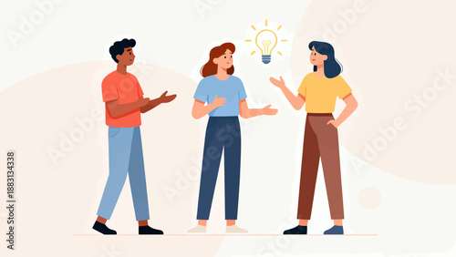 Three people are standing together, one of them is holding a light bulb. Concept of collaboration and teamwork, as the people are working together to come up with an idea or solution