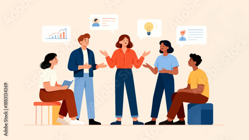 A group of people are sitting around a table and talking. The woman in the center is wearing an orange shirt