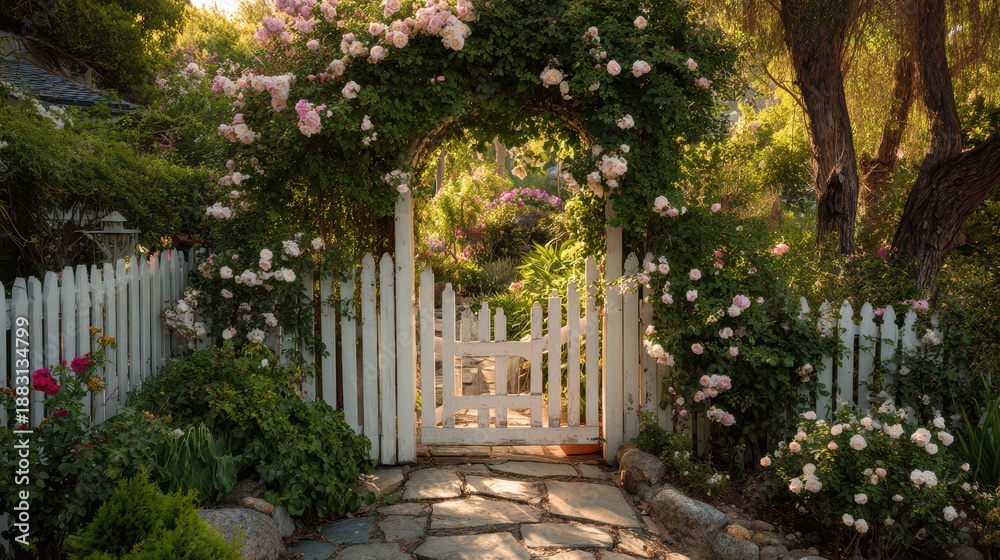 Fototapeta premium Charming garden entrance with white gate, lush greenery, and blooming climbers