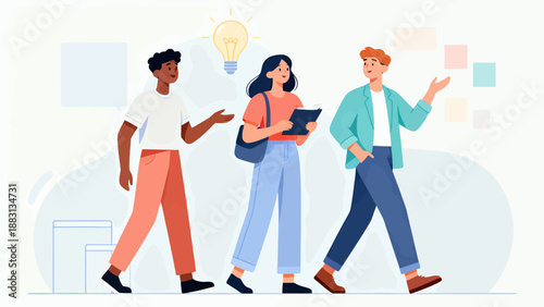 Three people walking together, one of them holding a tablet. Scene is casual and friendly