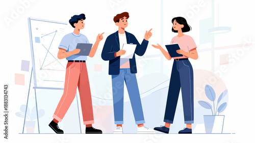 Three people are standing in a room, one of them holding a tablet. They are discussing something, and the mood of the image is serious and focused