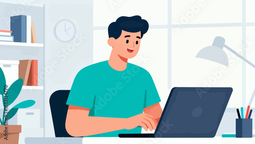 A man is sitting at a desk with a laptop in front of him. He is smiling and he is enjoying his work. The room is well-lit and has a comfortable atmosphere