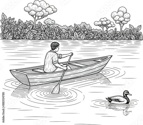A lone figure in a handdrawn vintage engraving style rowing a small wooden boat with a single oar on calm rippling water.