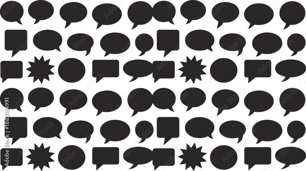 Fototapeta premium Large set of black silhouette comic speech bubbles and starburst shapes, seamless pattern of chat, dialogue and message icons for design backgrounds