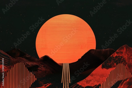 Abstract surreal landscape with glowing red sun rising behind stylized mountains on dark background. Bold contrast, textured shapes, graphic lines, dramatic atmosphere inspired by nature and symbolism