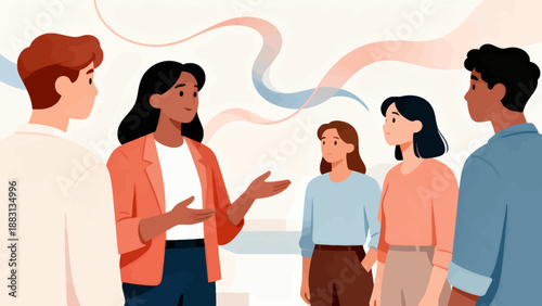 A group of people are standing around a woman who is talking. The woman is wearing a red jacket and the other people are wearing blue and white. Scene is friendly and social