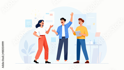 Three people are standing in a room, one of them is holding a tablet. Scene is cheerful and friendly