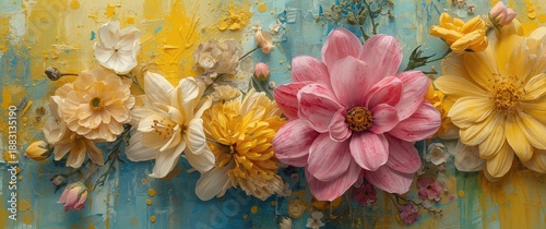 Oil painting and mixed media of Spring flowers on a colorful background