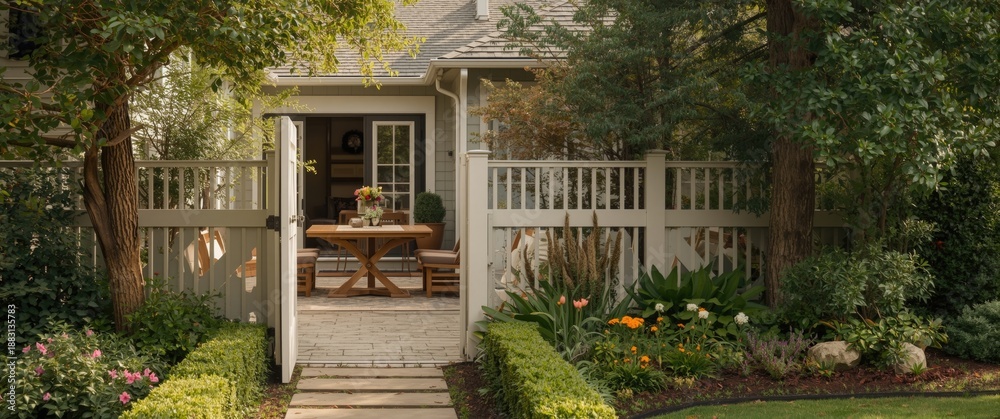 Naklejka premium House backyard with a white gate and scenic landscape layout