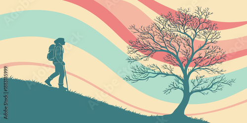 Hiker silhouette walking in abstract pastel landscape with tree