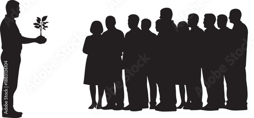 Man presenting sapling to group of people silhouette illustration line art vector planting trees