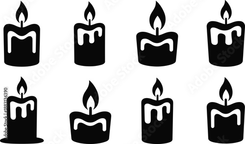 Romantic candle icon set with melting wax silhouettes, glowing flames, and decorative shapes for Valentine’s Day, wedding, anniversary, and love design themes