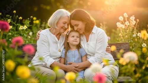 Happy three generations of women embracing together on wooden bench in beautiful blooming flower garden at sunset