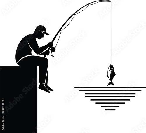 Black silhouette of a man in a cap fishing from a ledge holding a bent rod with a fish on the line.