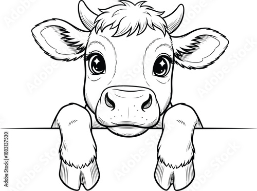 Charming black and white line art of a cute baby cow with big eyes and horns peeking over a surface.