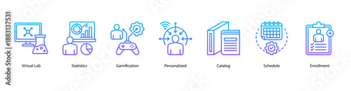 Personalized EdTech Experience web banner icon vector illustration featuring Virtual Lab, Statistics, Gamification, Personalized, Catalog, Schedule, and Enrollment.