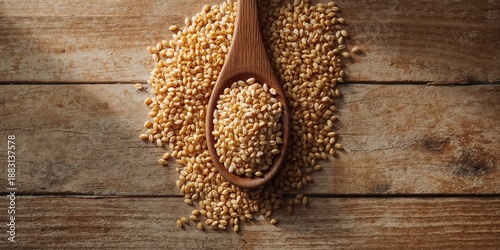 Organic cereal and grain seeds displayed in a wooden spoon on textured background, ideal for layout and editorial use