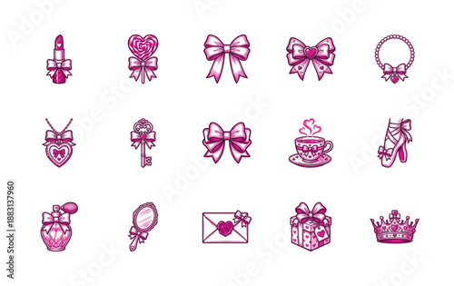 Pink Engraved Coquette Aesthetic Feminine Accessories Graphic Element Kit for Romantic Stationery and Scrapbooking