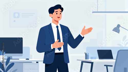 A man in a suit is standing in front of a desk with a laptop and a computer monitor. He is smiling and he is giving a presentation