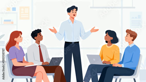 A group of people are sitting around a table with a man standing in front of them. The man is giving a presentation and the group is listening intently. Scene is serious and focused