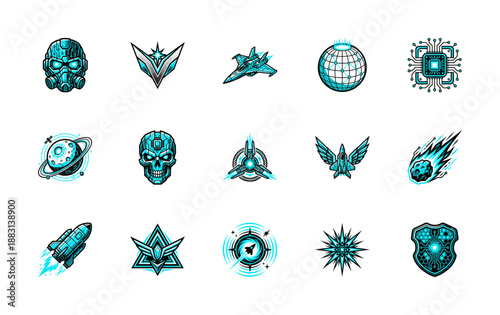 Futuristic Cyberpunk Space Exploration Graphic Element Kit for Sci-Fi Gaming and Galactic Aerospace Branding