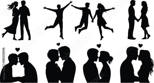 Romantic couples silhouette set showing love, happiness and affection poses for Valentine’s Day design, wedding decoration, greeting cards and relationship illustrations