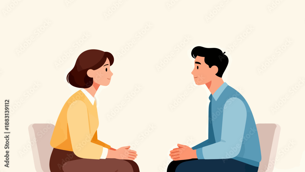 Obraz premium A man and a woman are sitting on chairs and talking to each other. The man is wearing a blue shirt and the woman is wearing a yellow shirt. Scene is friendly and casual
